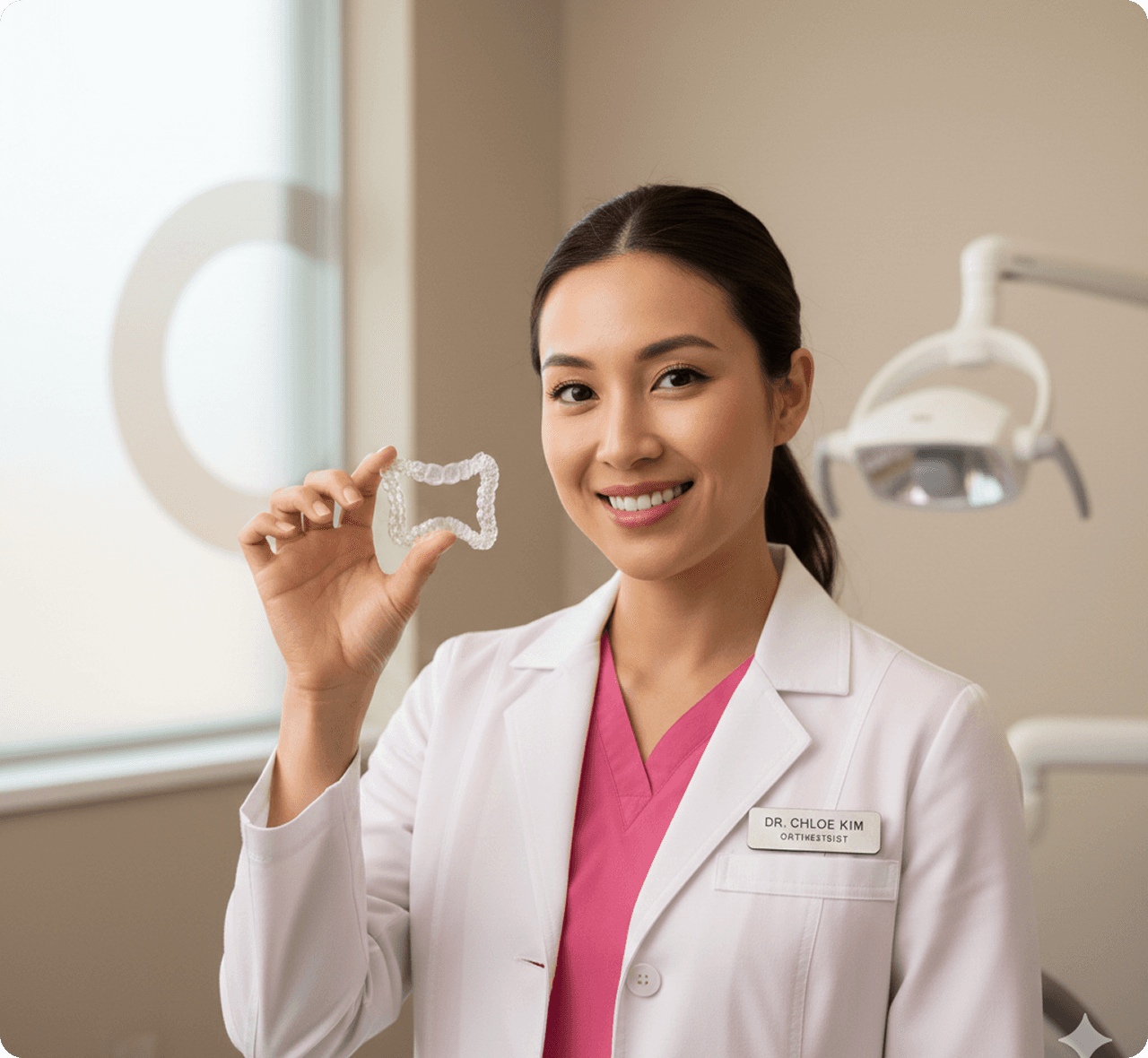 A smiling dentist in a white coat holding a clear dental aligner